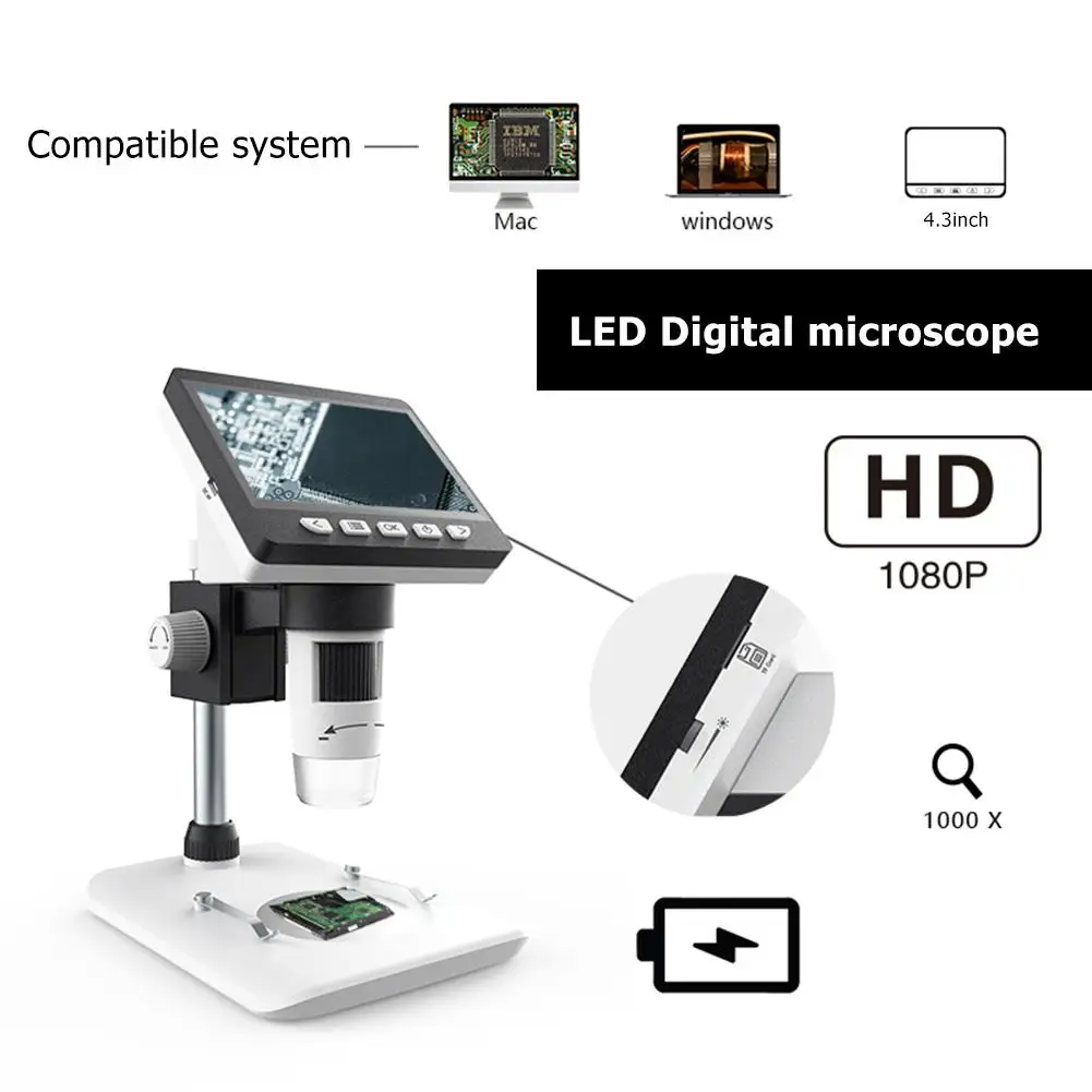 

1000X 4,3 дюймов HD 1080P ЖК-дисплей USB микроскоп цифровой паяльный видеомикроскоп камера 10 языков 8 светодисветодиодный видеозапись