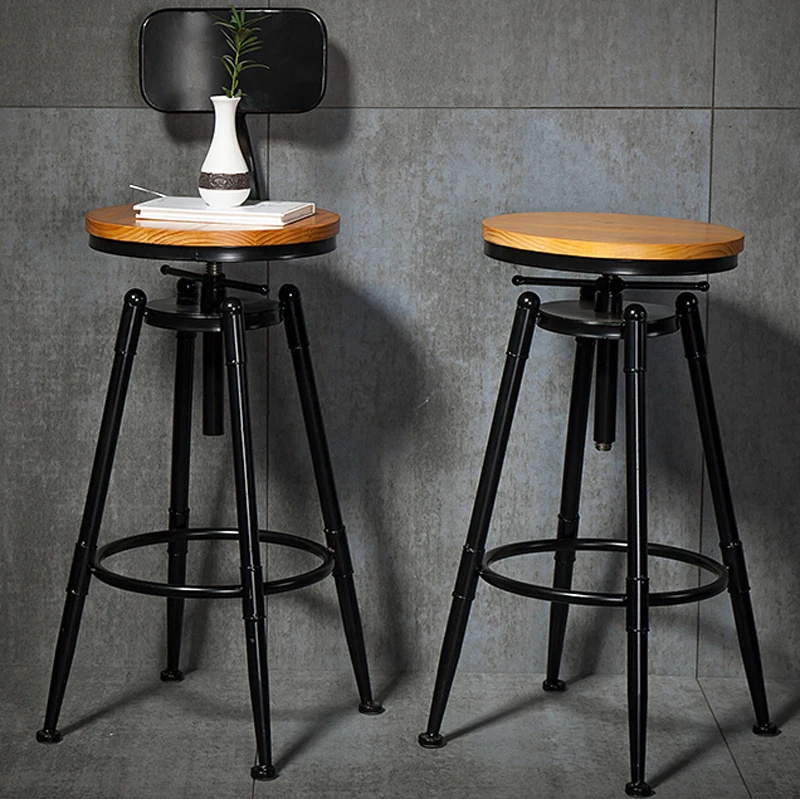 Rotary Wood High Foot Stool Iron Back Bar Stool Table Cafe Dining Chair Industrial Furniture