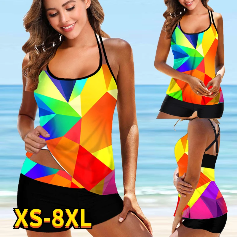 

2022 Women Plus Size Swimsuit Rainbow Printed Two Pieces Tankini Female Summer Monokini Sexy Swimwear Bathing Suit Beachwear 8XL