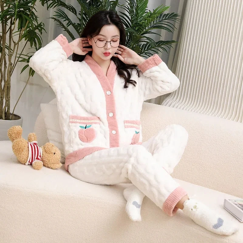 Winter Flannel Warm Pajamas Set Women Long Sleeve Soft Home Suit Sleepwear Trousers Clothes Long Velvet Pyjamas Sets