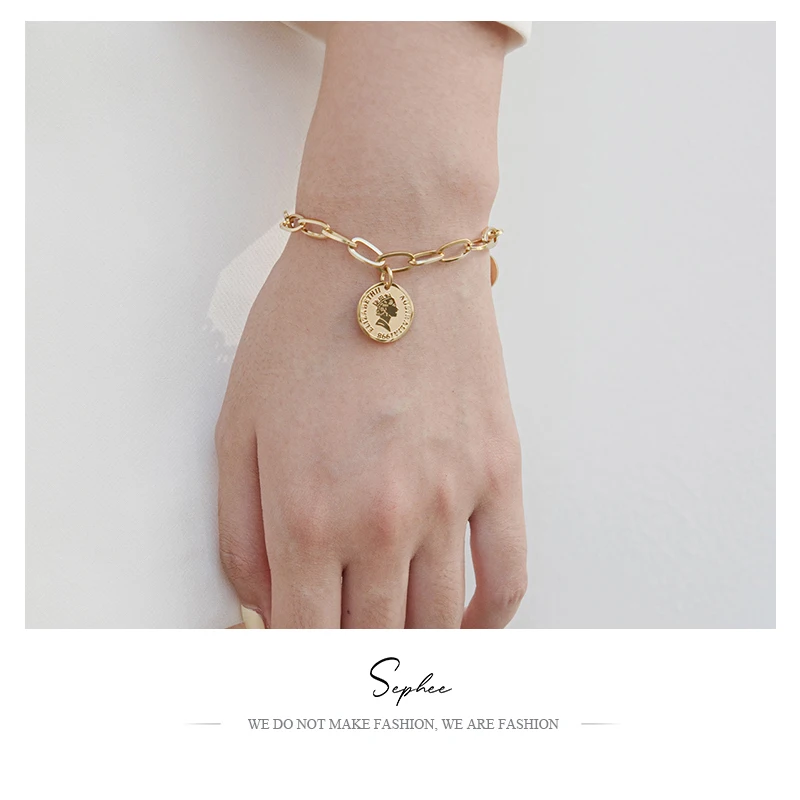 

Sephee Coin Bracelet Stainless Steel Plated Austrlia Gold O Chain Bracelets Fashion Titanium Uk Queen's Head Pendant Bracelets