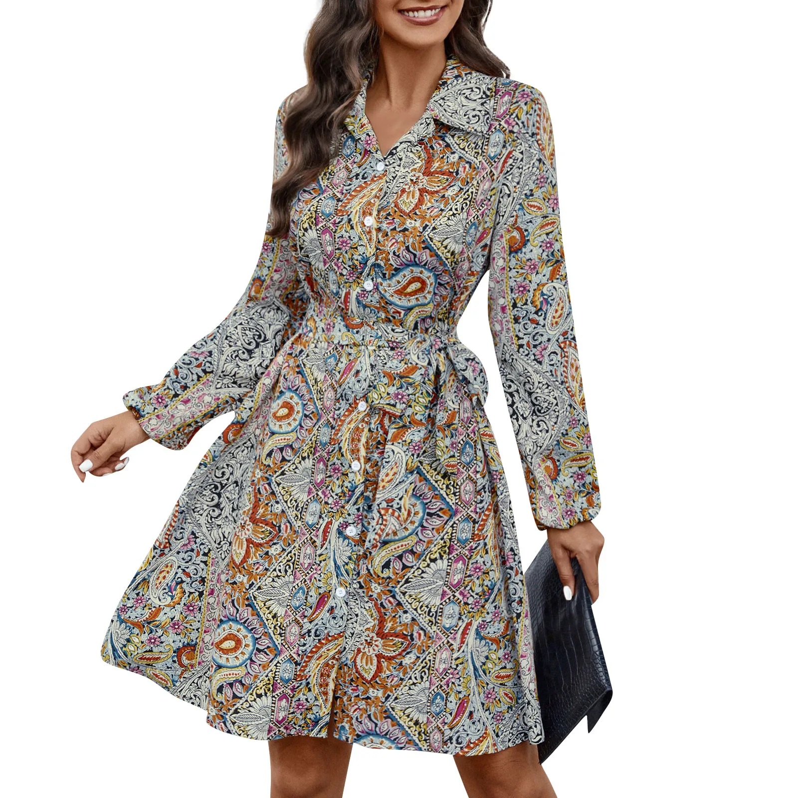 

Женское платье-рубашка с цветочным принтом, длинным рукавом и V-образным вырезом