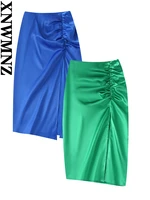 xnwmnz 2022 summer woman fashion gathered satin skirt women vintage solid color casual elegant high waist front slit skirts