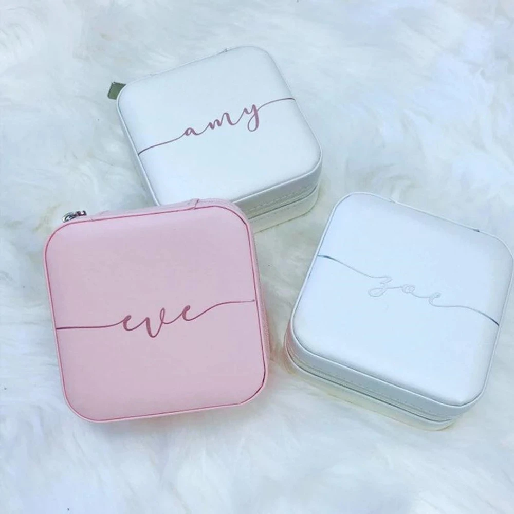 

Personalized name text Jewelry Case Soft Leatherette for Travel, Custom Bridesmaid Mother's Day Birthday Gifts nice comestic box