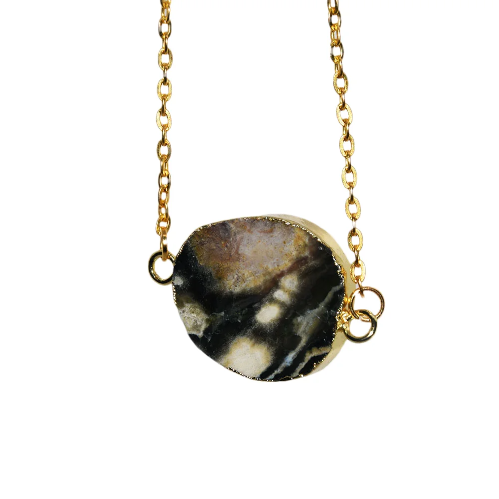 

2023 Gift Vintage Stones Necklaces for women neck Gold Bezel Natural stone Pendants female cute jewelry Oval Slice 2 loops 1pc