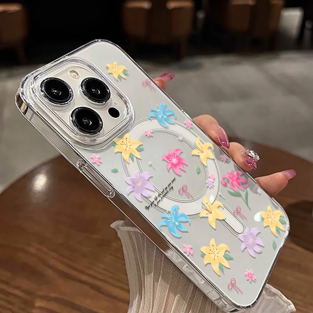 Фото Чехол-беспроводная зарядка Flower для iPhone 17 Pro Max, чехол-футляр для iPhone 16, 14, 13, 12, 11, 15 Pro Max, 17 Air, магнитный прозрачный чехол для телефона №4
