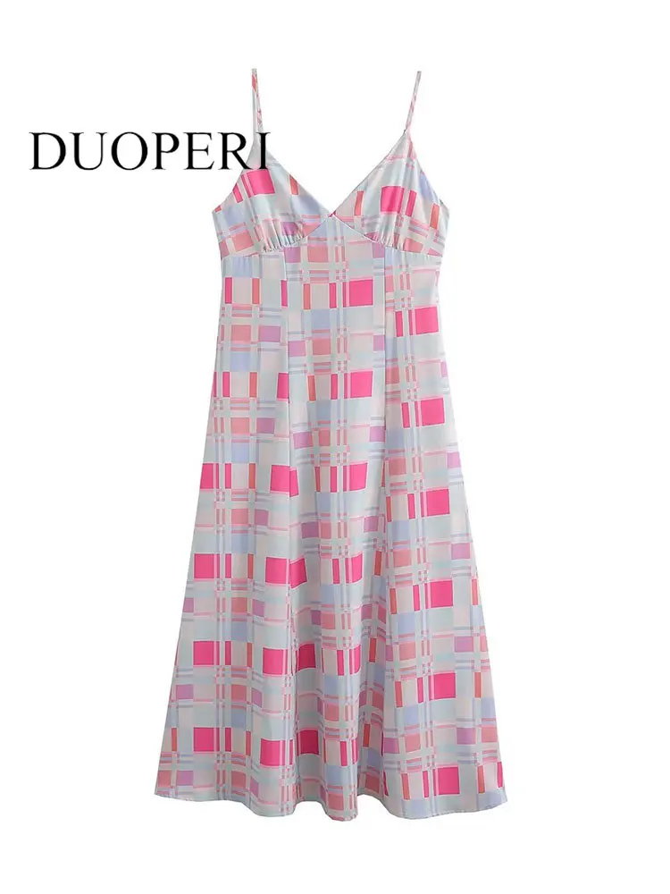 

DUOPERI Women Fashion Print Midi Dress Vintage Thin Straps Square Collar Backless Back Zipper Female Chic Lady Dresses