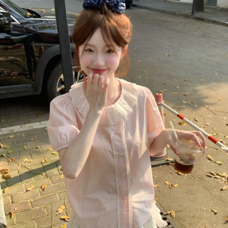 Корейский стиль весна-лето рубашка с короткими рукавами топы кружевная