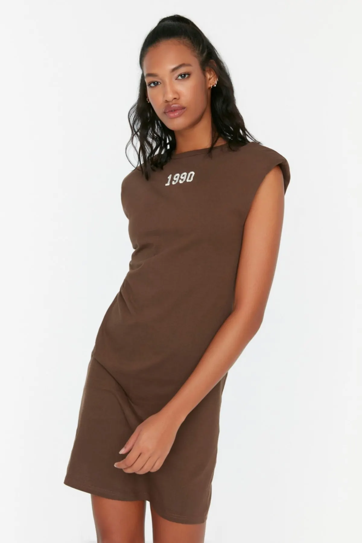 

Women's Dress Brown Waistband Embroidery Detailed Knitted Summer Fashion Casual Short Sleeve Elegant Dress