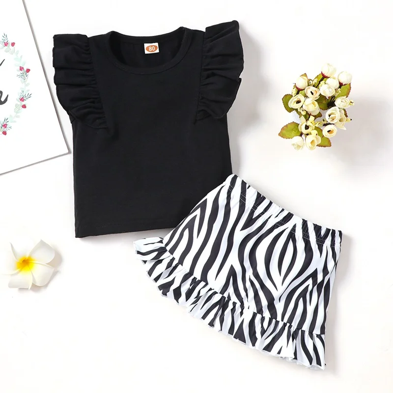 

Baby Girl Outfit Set Newborn Girl Clothes 2 Pcs Sets Solid Flying Sleeve T-shirts+Zebra Stripes Short Skirt Baby Clothes 0-18M