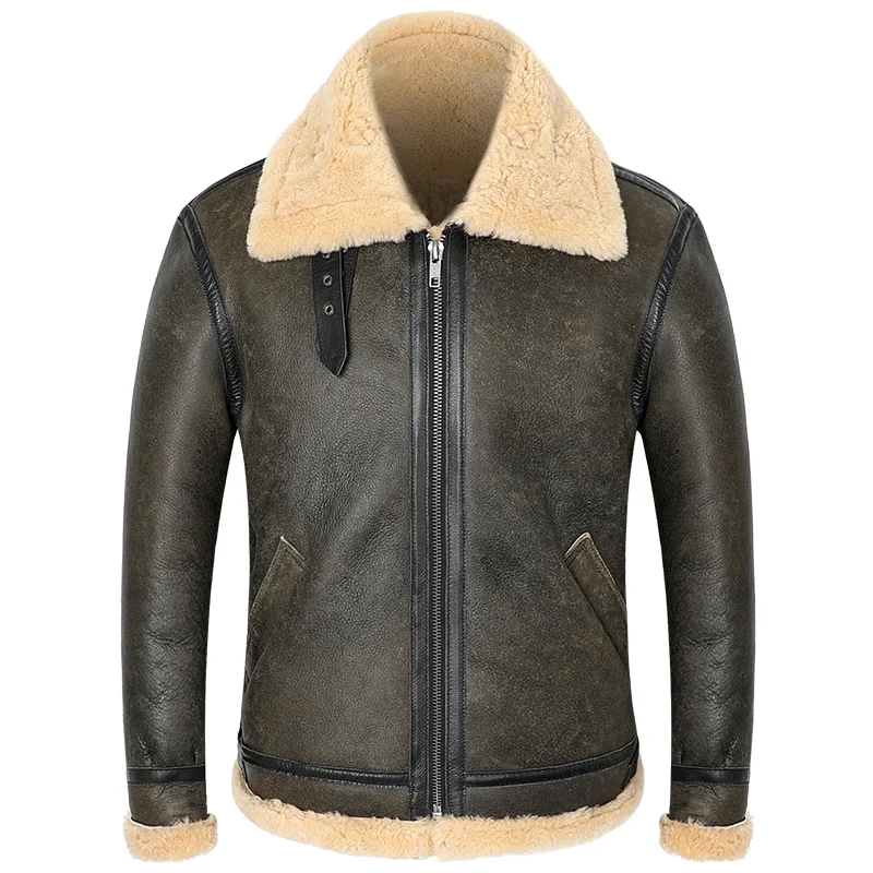 

B-3 Genuine Leather Sheepskin Shearling Mens Pilot Aviator Bomber Jacket Vintage Short Winter Thick Warm Sheep Fur Coat