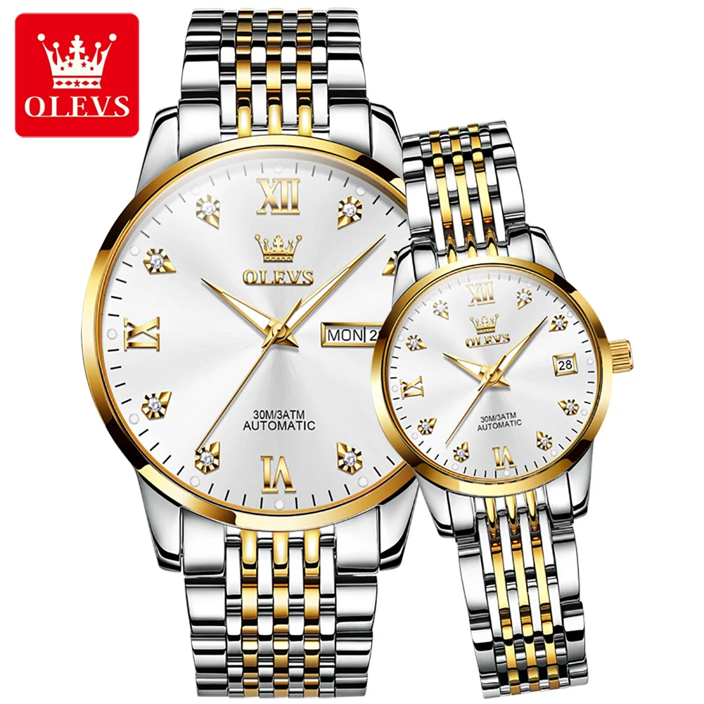 OLEVS 6673 Automatic Mechanical Waterproof Couple  Wristwatches Stainless Steel Strap Full-automatic Fashion Watch for Couple