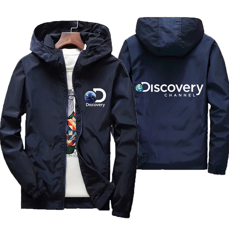 Discovery Channel Men's Casual Hooded Jacket Plus Size Windbreaker Street Spring and Autumn Men's Zip Coat Men's Sports Top