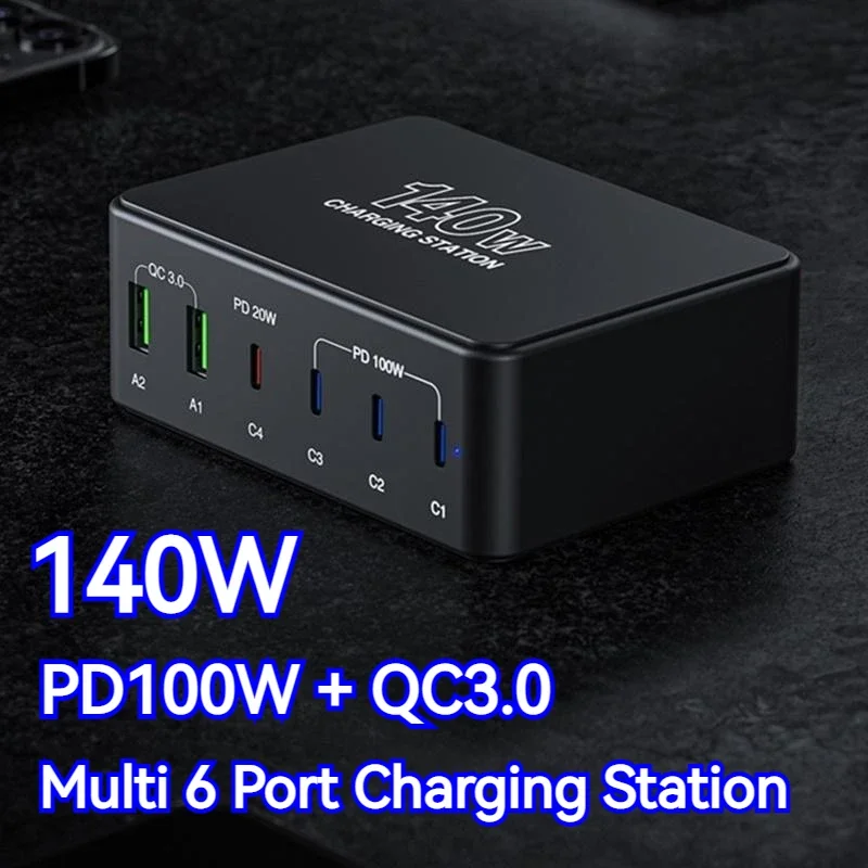 

140W Multi USB 100W PD Fast Charger 6-Port USB QC3.0 Laptop USB C Charging Charger for MacBook Pro Iphone 14 13 12 Samsung S23U