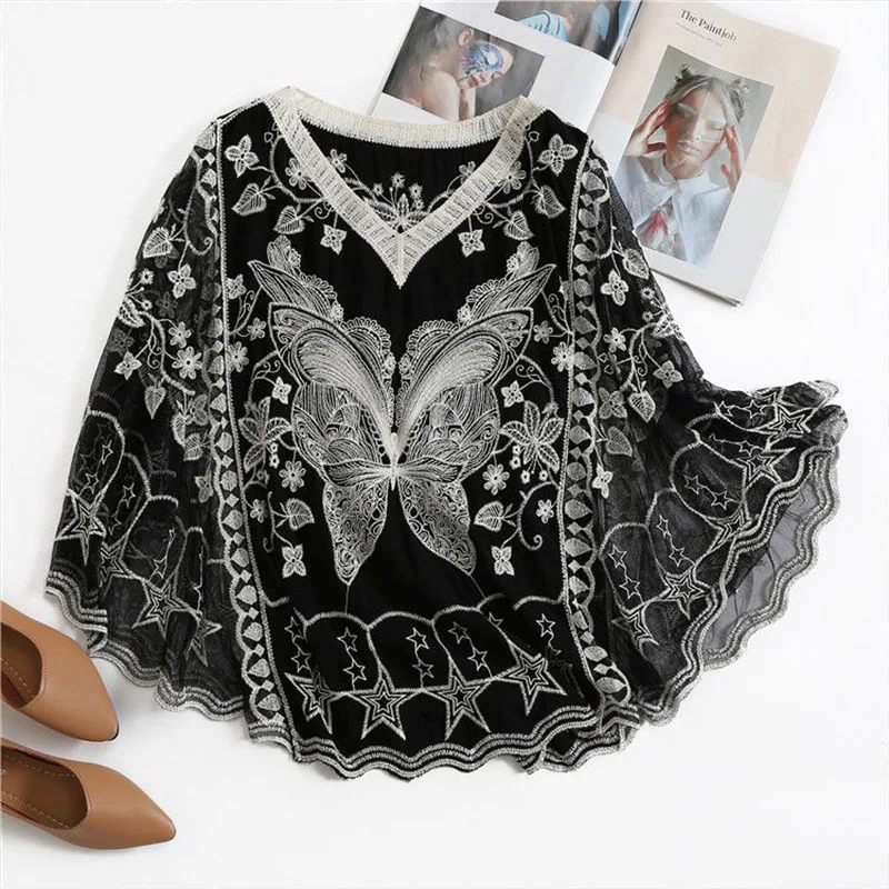 Spring Oversized Butterfly Embroidery Blouse Ladies Sexy Chic Lace Batwing Sleeve Top Summer Fashion Pullover Female Clothes