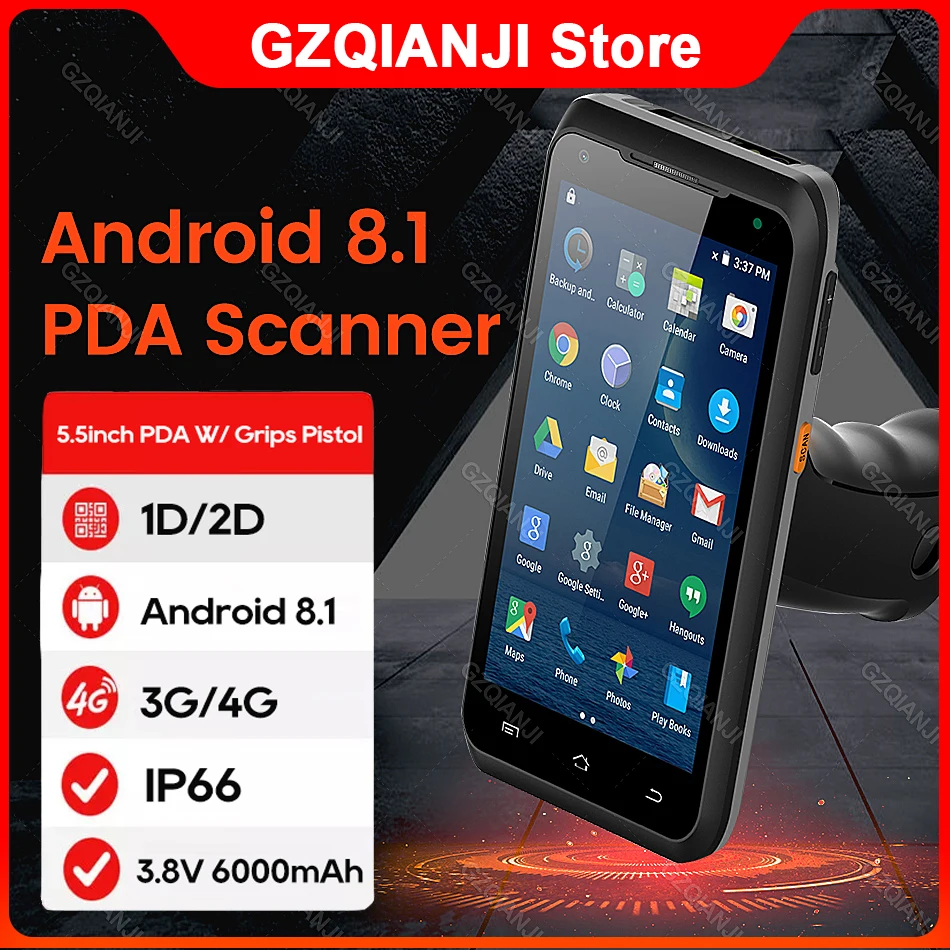 

4G PDA Android Rugged PDA with Handle Grip Pistol 1D 2D Zebra Barcode Scanner NFC Reader WiFi Bluetooth 5.5inch Data Collector