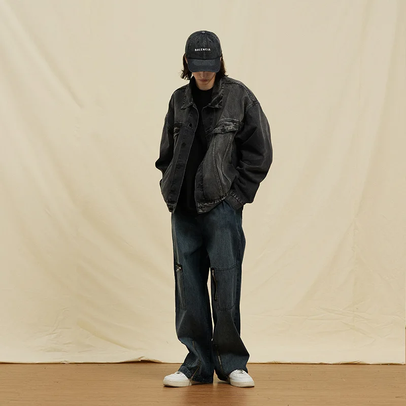 2023 Winter Autumn New Original Tide Brand Straight Pants Retro Washed Loose Cotton Basic Dark Jeans Street Men Fashion