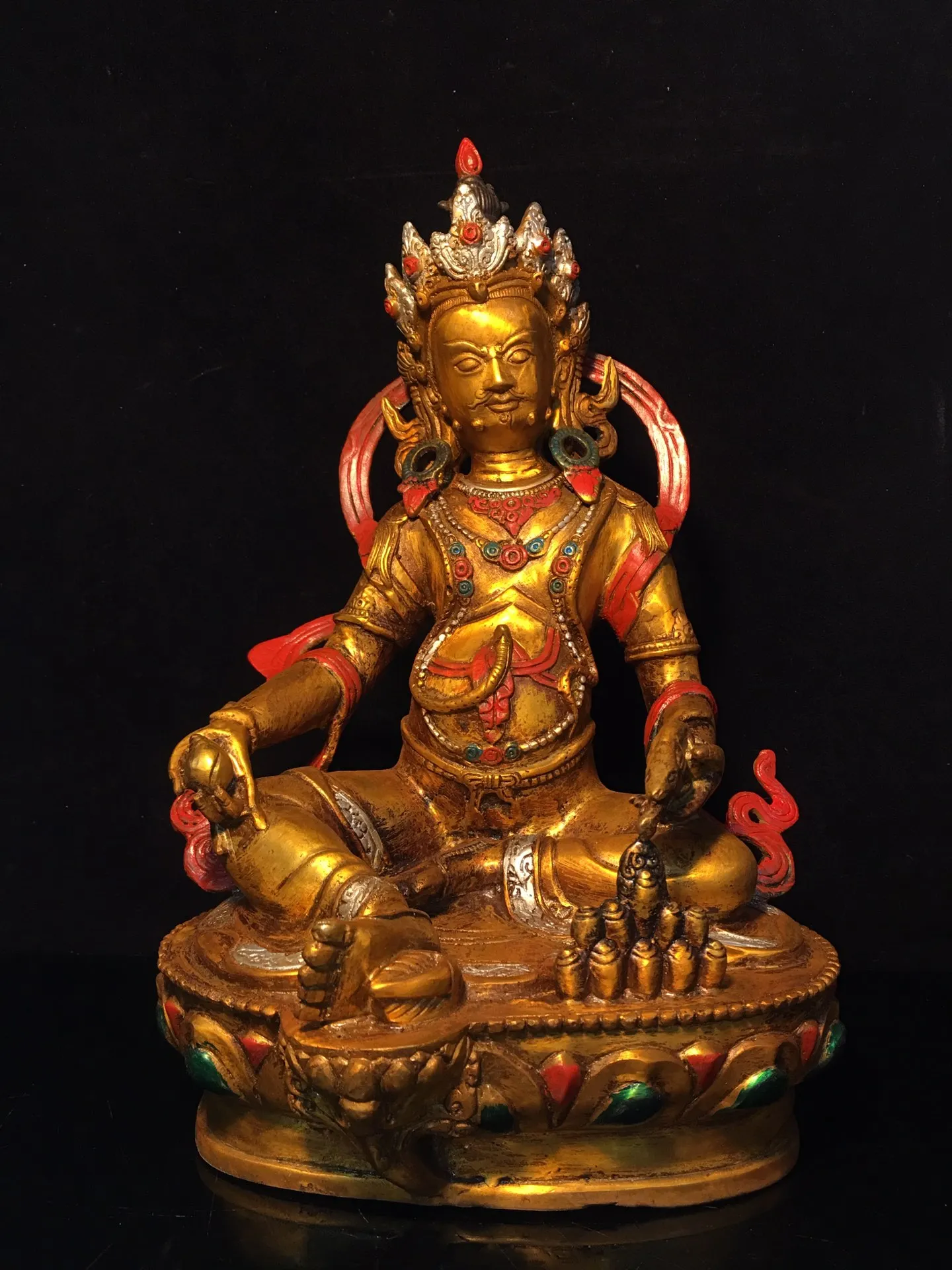 

Коллекция тибетских храмов 12 дюймов, старое бронзовое позолоченное желтое Бог богатства, Будда, Хуан кайшен, лотос, платформа, поклонение за...