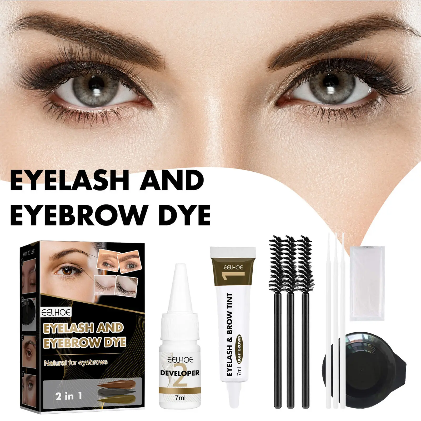 

2-In-1 Eyebrow Eyelash Eye Lash Brow Tint Full Kit Long Lasting Non-Fading Sweat-Proof Non-Smudging Dye Cream Brown/Black