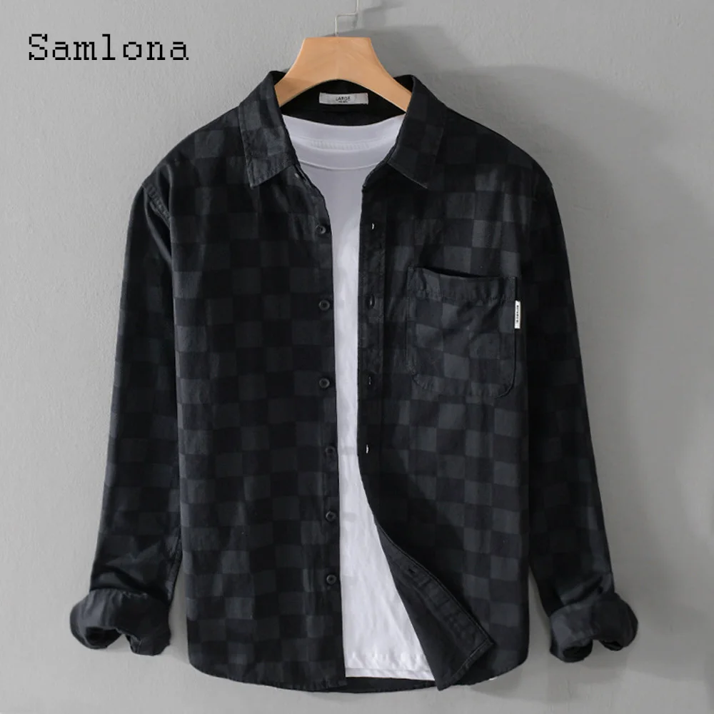 

Men Long Sleeves Plaid Shirts Vintage Stand Pocket Tops Male clothing 2023 Spring Fashion Shirt Wear Mens Open Stitch Blouse
