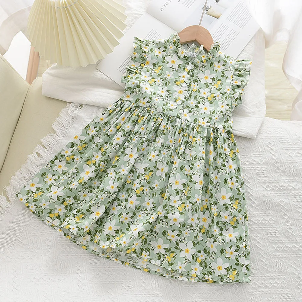 

New Clothes Girls 3-6old Summer princess 90-130 children kids dress fashion 2-6y Floral skirt fresh button doll skirt cloth