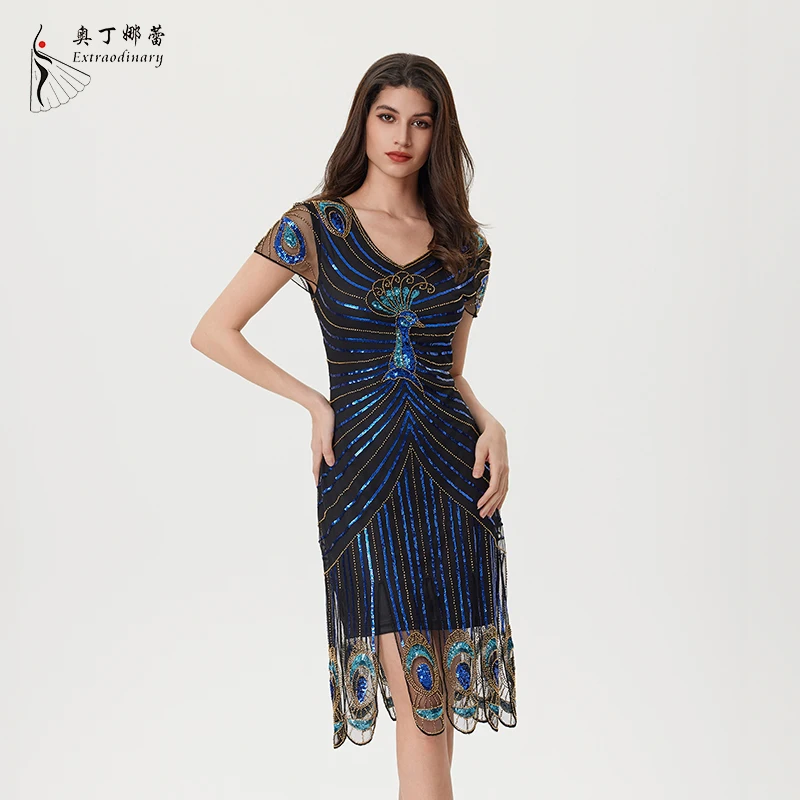 Женское вечернее платье в стиле ретро с синим павлином и короткими рукавами