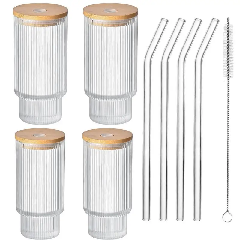 

4pcs Ice Coffee Cup American Glass Simple Stripe With Bamboo Lids And Straw Transparent Bubble Tea Cup Breakfast Mug Drinkware