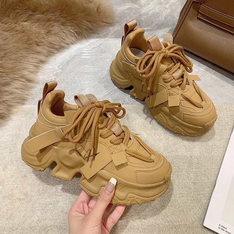 

Chunky Platform Sneakers Women New Autumn Thick Bottom Sport Dad Shoes Woman Lace-up Breathable Leather Casual Vulcanized Shoes