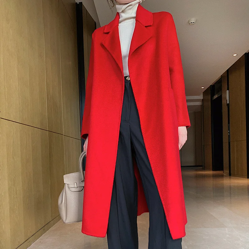 

Женское двубортное шерстяное пальто с поясом, осень 2023, 100% натуральная шерстяная куртка, Gmm230