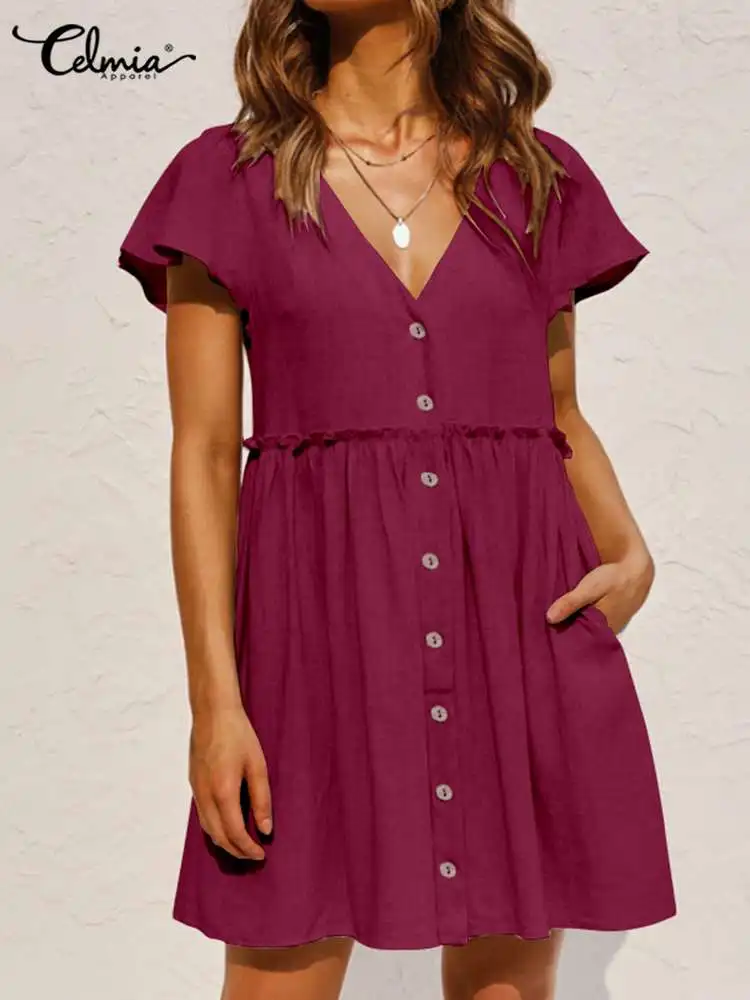 

Summer Short Dress Celmia Women Ruffled Mini Sundress 2023 Vintage Short Sleeve Sexy V-Casual Loose Buttons Solid Vestidos