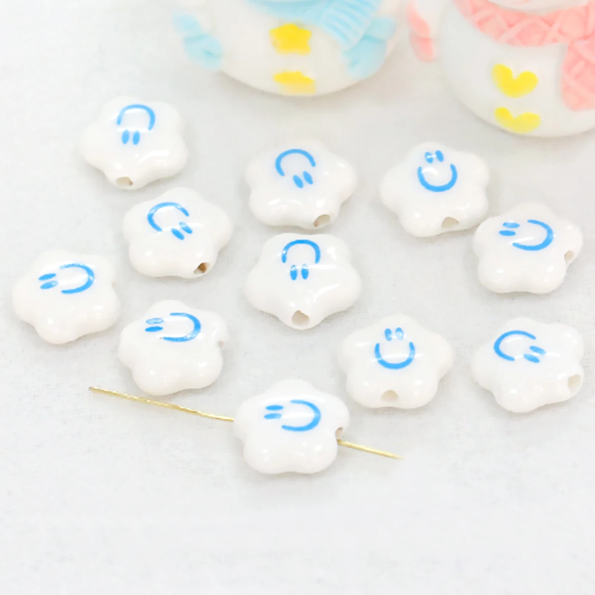 14mm Plum Blossom Smiling Face Ceramic Beads For Jewelry Making DIY Loose White Bead Fit Bracelet Necklace Earrings Accessories