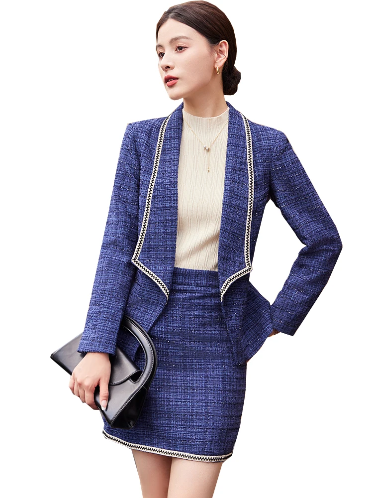 Elegant Autumn Winter Women Formal Skirt Suit Female Blue Orange Long Sleeve Two Piece Set for Office Ladies Work Wear