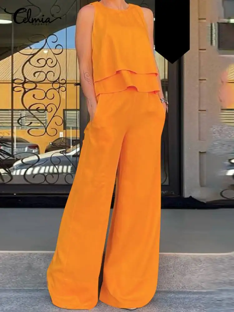 

Celmia Summer Casual 2 PCS Sets Fashion Streetwear Sleeveless Layered Hem Tops and Elastic Waist Wide Leg Pant Suits Pant Sets