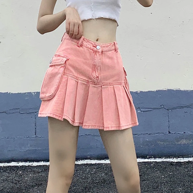 

Женская джинсовая юбка в стиле Харадзюку, розовая привлекательная мини-юбка с низкой талией и оборками, с карманами, в стиле гранж Y2k, Готическая уличная одежда, 2023