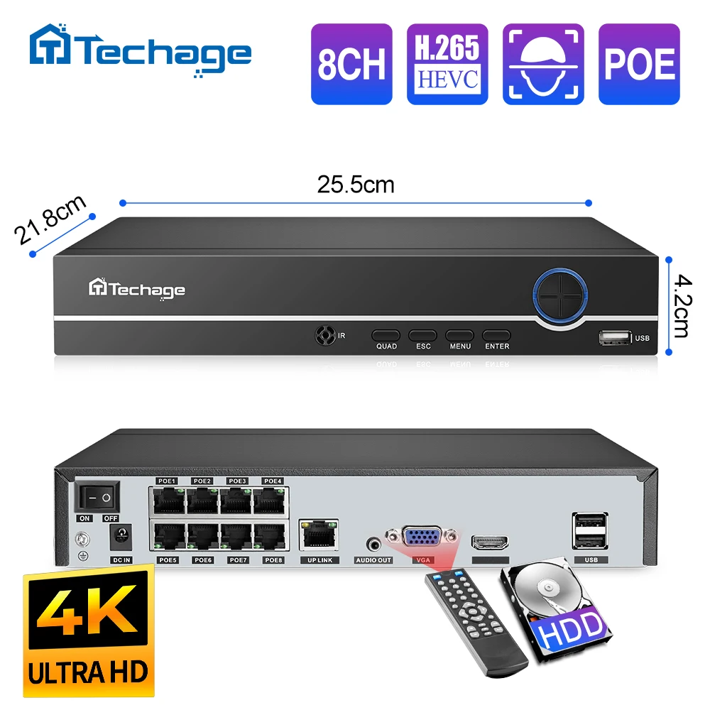 Grabadora de vídeo de red de vigilancia de seguridad, sistema de videovigilancia de 8 canales, H.265, 4K, 5MP, 4MP, 1080P, POE, NVR, hasta 16 canales