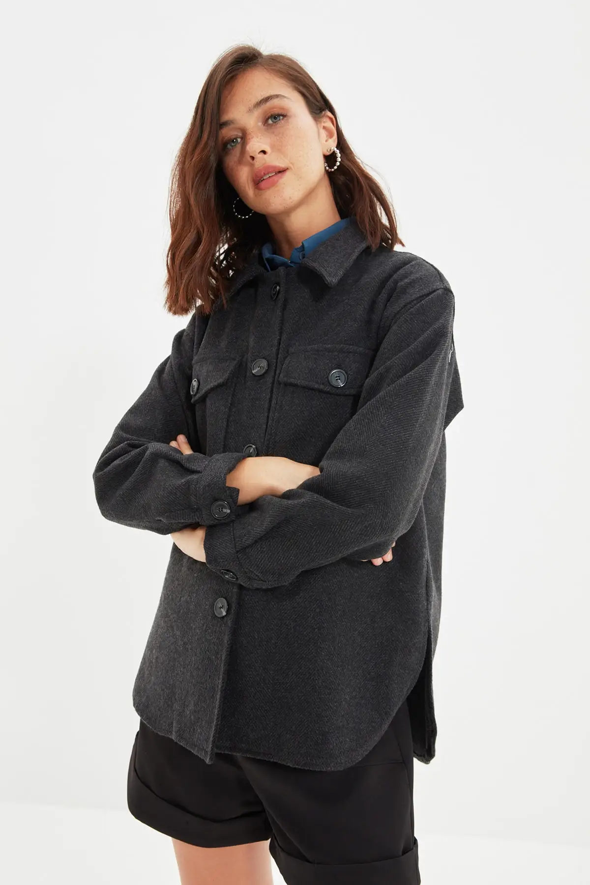 

Черная Толстая рубашка оверсайз с двумя карманами, куртка, Рождественский подарок