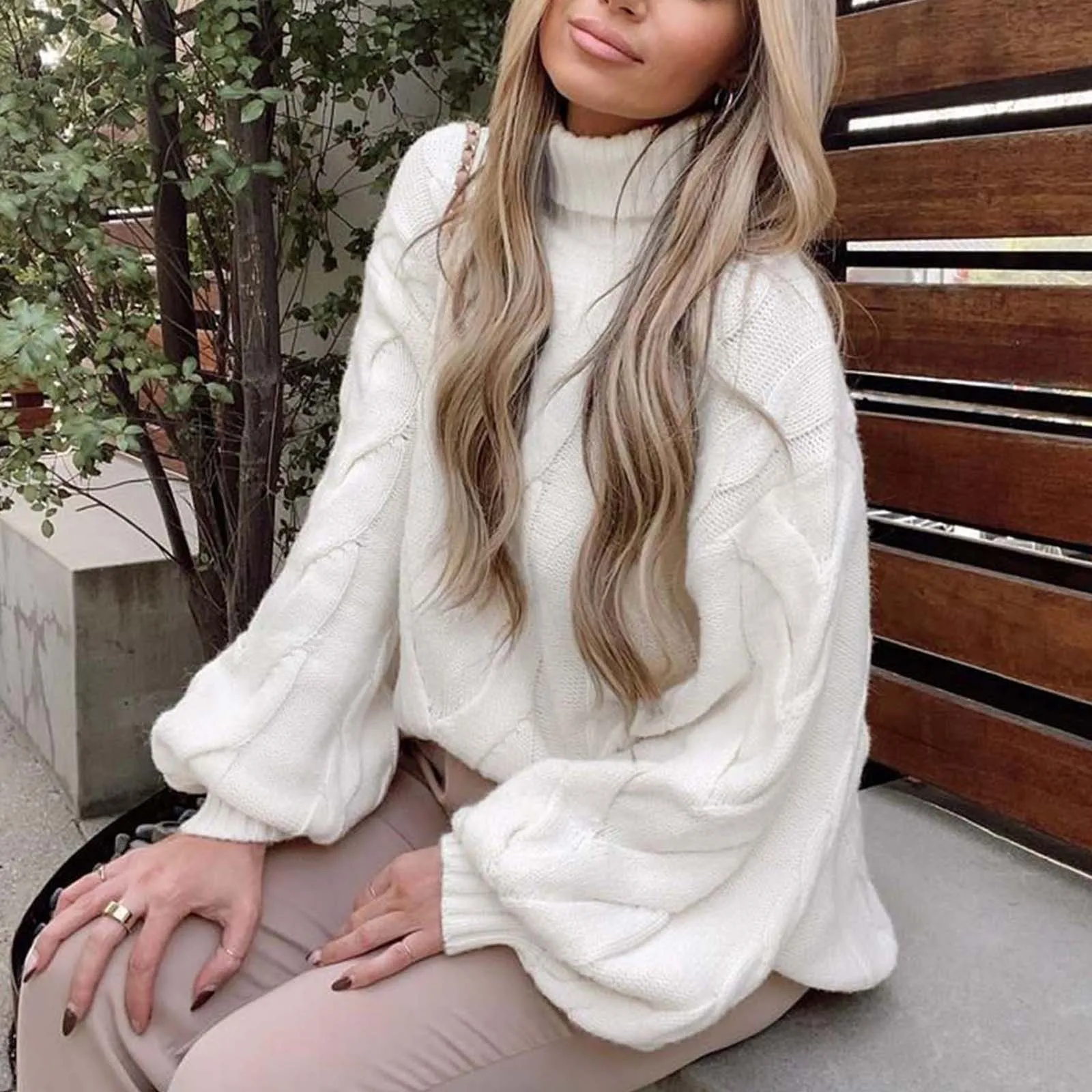 

Женский Теплый свитер, зимний модный Женский пуловер с высоким воротником, Свободный вязаный свитер с длинным рукавом-фонариком, топы для ж...