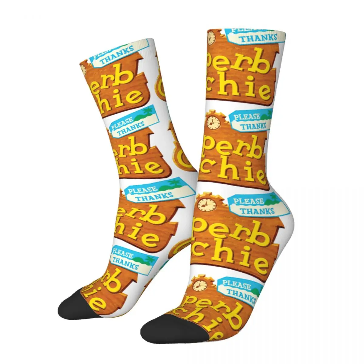 

Funny Sock for Men Superb Coochie Hip Hop Harajuku Animal Crossing Switch RPG Tom Resetti Bells Pattern Printed Boys Crew Sock