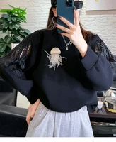 2022 autumn and winter new korean beaded jellyfish embroidery hollow space cotton loose sweatshirt womens clothes
