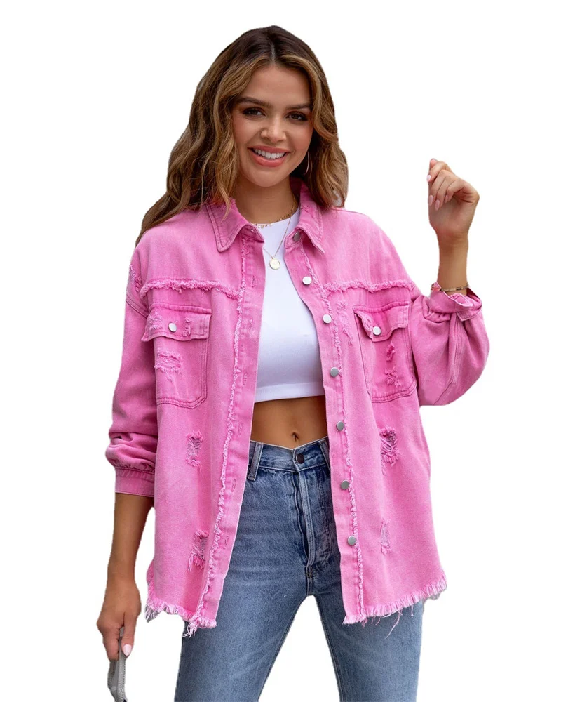 

Women Denim Jacket New Autumn Loose Hole Tassel Lapel Casual Jeans Jacket Female Cardigan Coat Long Sleeve Outerwear Pink Purple