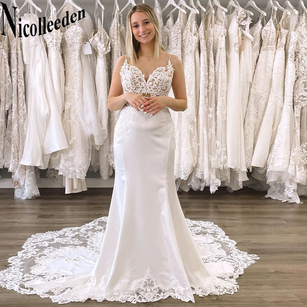 

Nicolle Modern V-Neck Mermaid Sleeveless Wedding Dresses For Women Button Pleat Appliques Vestido De Casamento Made To Order