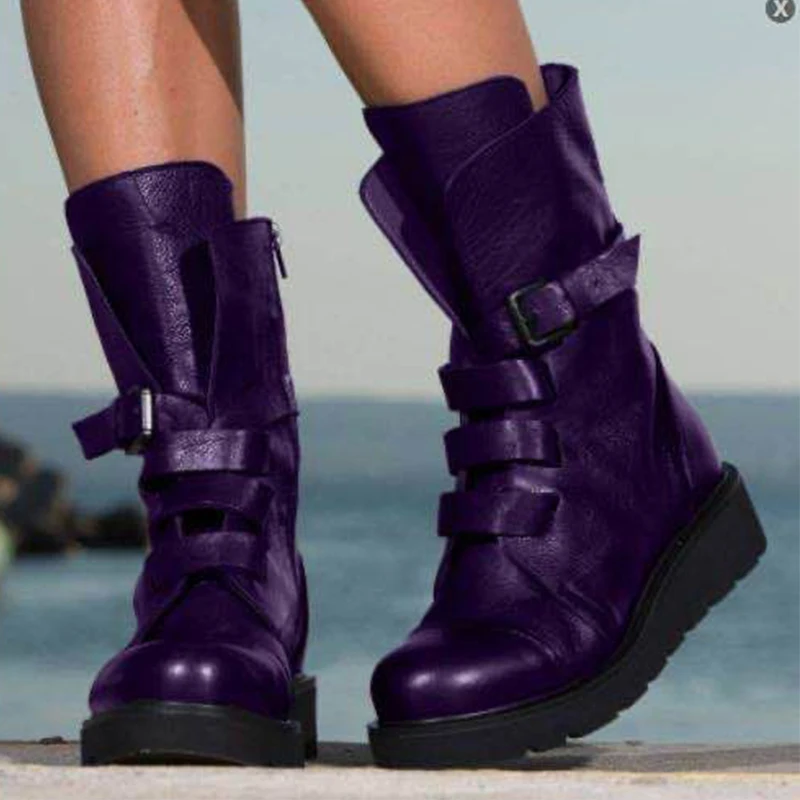 

Женские кожаные ботинки до середины икры, теплые мотоциклетные ботинки на платформе с круглым носком, большой размер, для зимы, 2022