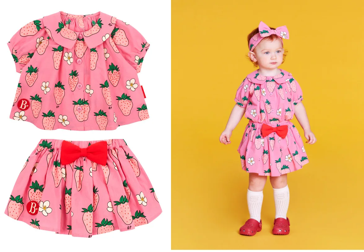

2022 Summer Be Strawberry Full Print Pink Lapel Shirt/Bow Tie Culottes Set