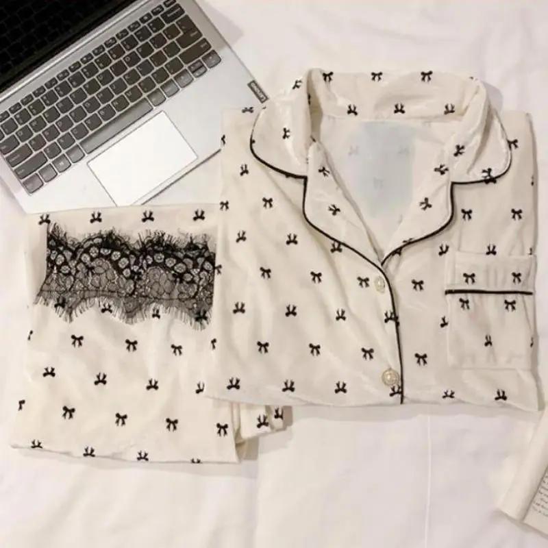 

Gold Velvet Pajamas Women's Spring And Autumn High-end Sleepwear Long-sleeved Thickened New Bow Print Homewear Suit