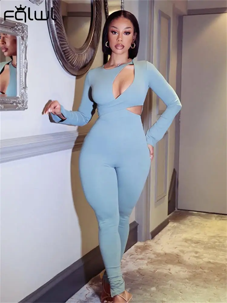 

Habbris Summer Sexy Asymmetric Hollow Out Jumpsuit Club Outfit For Women 2022 Black O Neck Long Sleeve Bodycon One Pieces Female