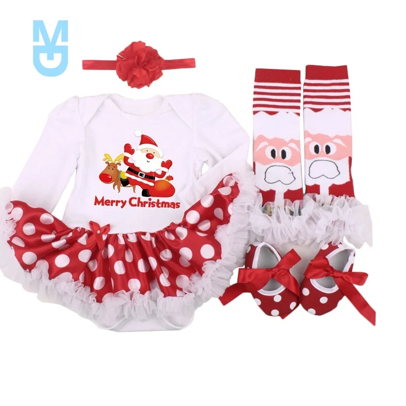 

New Christmas Gift born Clothing Set Baby Girls Dress Cotton Mesh Ruffles Girl Christening Gowns 4pcs 1st Christmas Dress Set