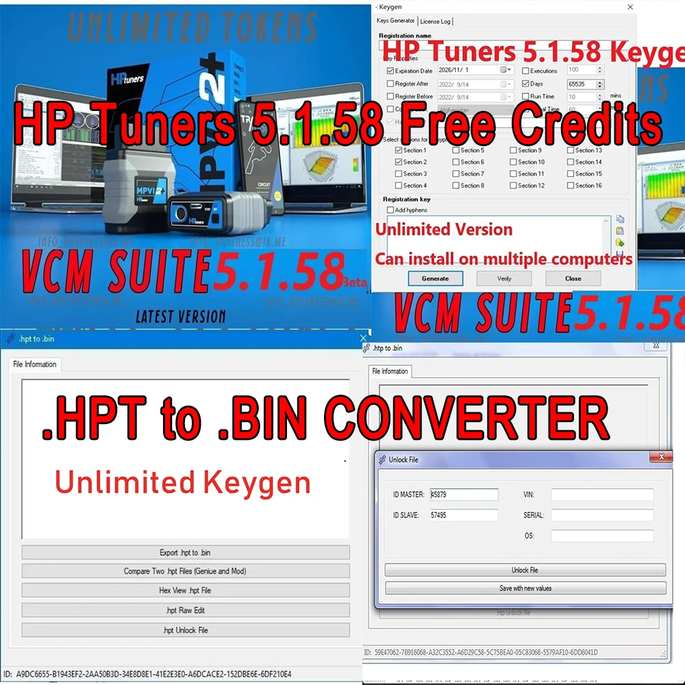 Тюнеры HP 5.1.58 + HPT-BIN конвертер, активатор разблокировки с генератором ключей, неограниченный доход для нескольких компьютеров, бета-редактор VCM