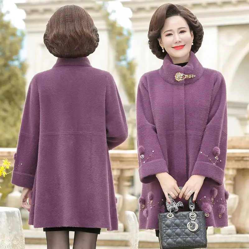 Mother's Winter Clothes Long Thick Imitation Mink Cashmere Wool Coats High End Middle Aged Elderly Women Knitted Cardigan Jacket