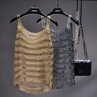 2022 new summer gold thread bright silk hollow camisole shiny thin section sexy see through top womens tide