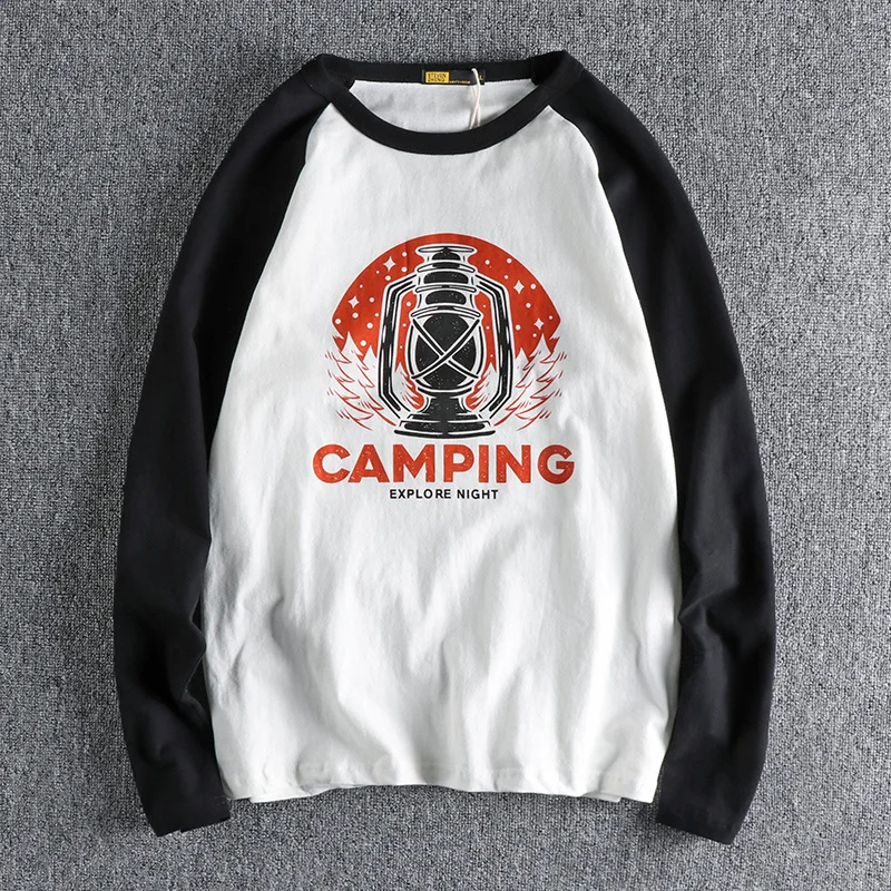 

New oil lamp printed brushed cotton long t-shirt men's raglan sleeve fashion youth round neck bottomed shirt 1059